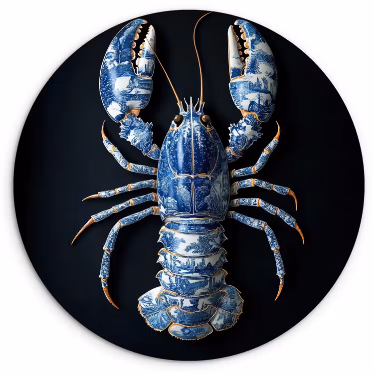 Kreeft - Delftsblauw - Schild - Stoer Wandcirkel kunststof plaat 5mm dik klein -3d