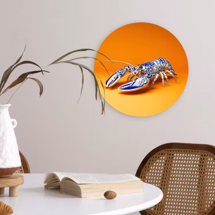 Kreeft - Delftsblauw - Schild - Stoer - Oranje Wandcirkel kunststof plaat 5mm dik klein -sfeer4