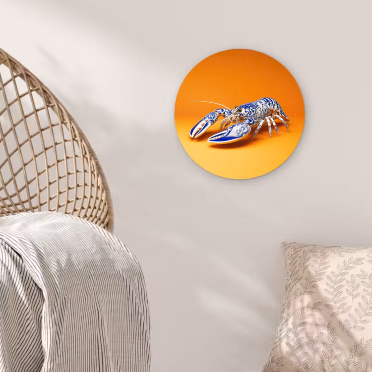 Kreeft - Delftsblauw - Schild - Stoer - Oranje Wandcirkel kunststof plaat 5mm dik klein -sfeer5