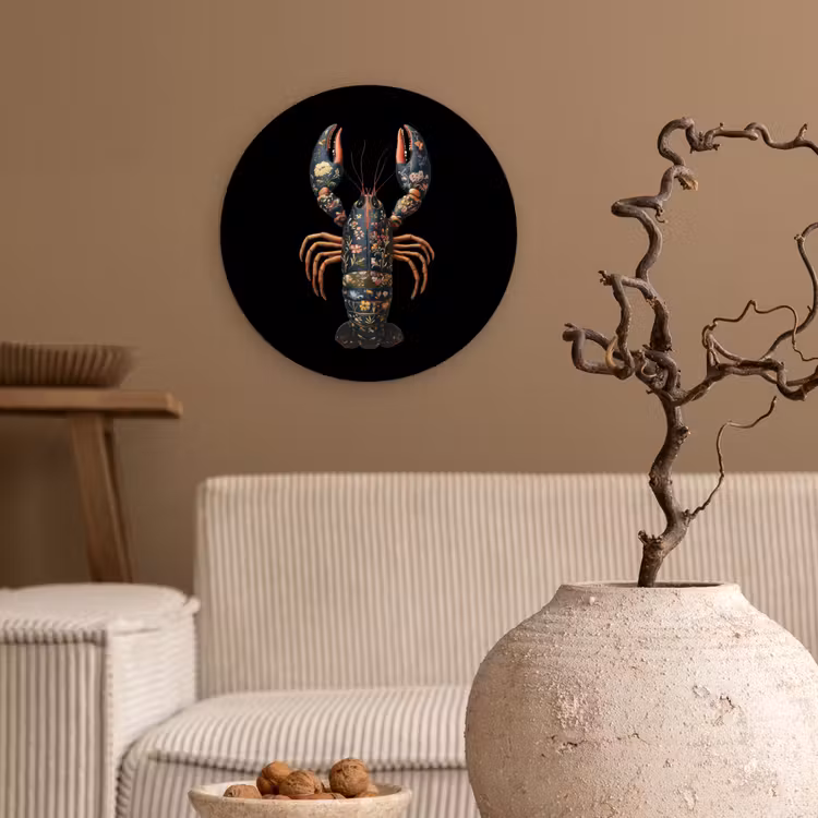 Kreeft - Zwart - Bloemenpatroon - Artistiek Wandcirkel kunststof plaat 5mm dik klein -sfeer1