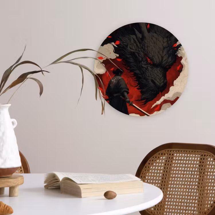 Krijger - Draak - Zwart - Rood - Rook Wandcirkel kunststof plaat 5mm dik klein -sfeer4