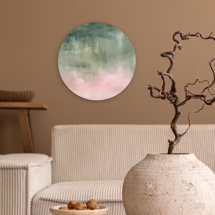 Kunst - Abstract - Modern - Groen - Roze Wandcirkel kunststof plaat 5mm dik klein -sfeer1