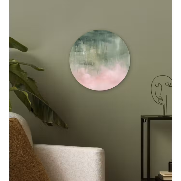 Kunst - Abstract - Modern - Groen - Roze Wandcirkel kunststof plaat 5mm dik klein -sfeer3