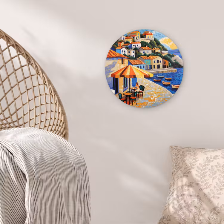 Kustdorp - Huisjes - Mozaïek - Zee Wandcirkel kunststof plaat 5mm dik klein -sfeer5
