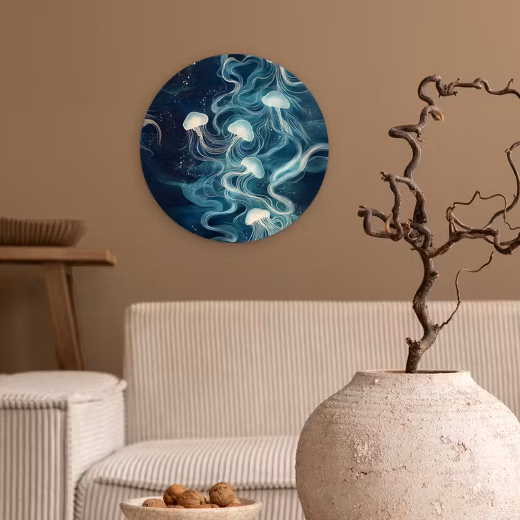 Kwallen - Zee - Wit - Golven Wandcirkel kunststof plaat 5mm dik klein -sfeer1