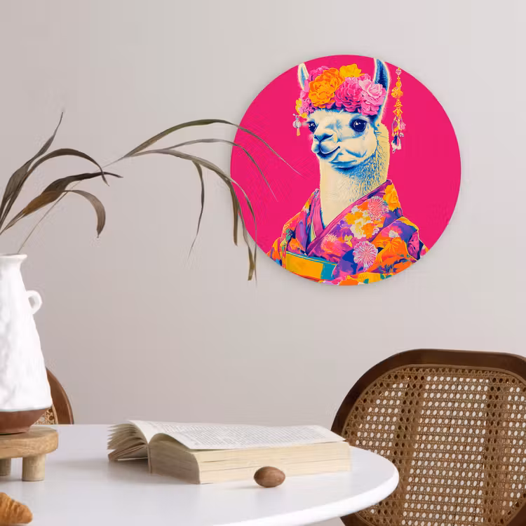 Lama - Kimono - Bloemenkrans - Felroze Wandcirkel kunststof plaat 5mm dik klein -sfeer4