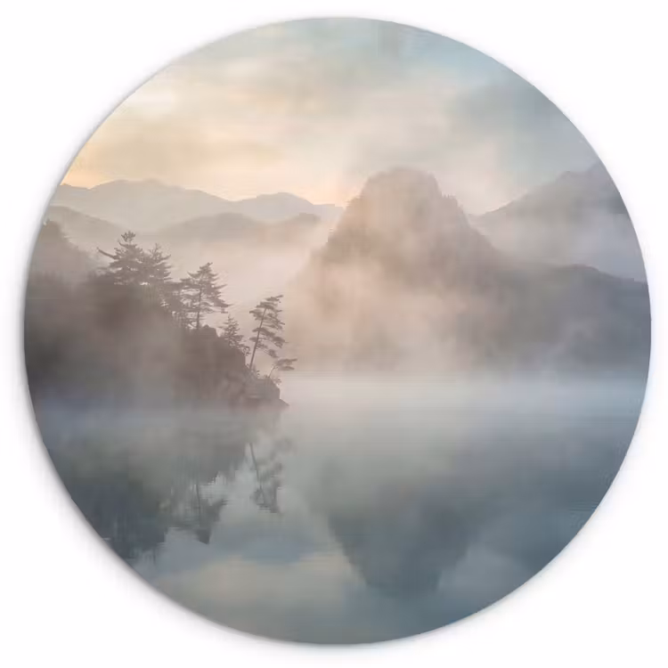 Landschap - Bergen - Mist - Water - Natuur Wandcirkel kunststof plaat 5mm dik klein -3d