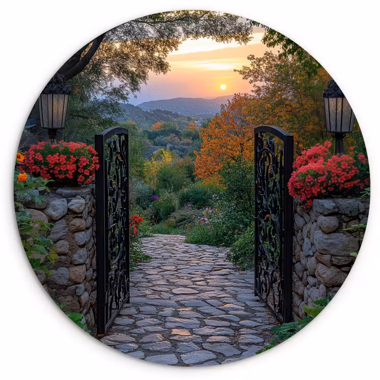 Landschap - Hek - Pad - Zonsondergang - Natuur Wandcirkel kunststof plaat 5mm dik klein -3d