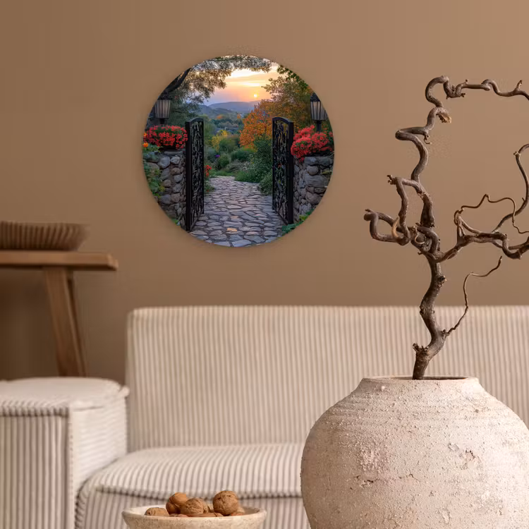 Landschap - Hek - Pad - Zonsondergang - Natuur Wandcirkel kunststof plaat 5mm dik klein -sfeer1