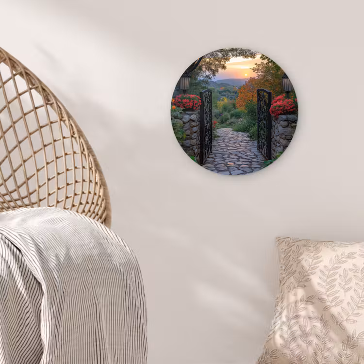 Landschap - Hek - Pad - Zonsondergang - Natuur Wandcirkel kunststof plaat 5mm dik klein -sfeer5