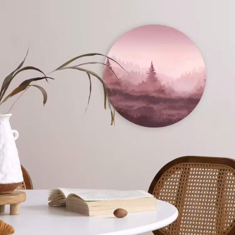 Landschap - Mistig - Roze Wandcirkel kunststof plaat 5mm dik klein -sfeer4