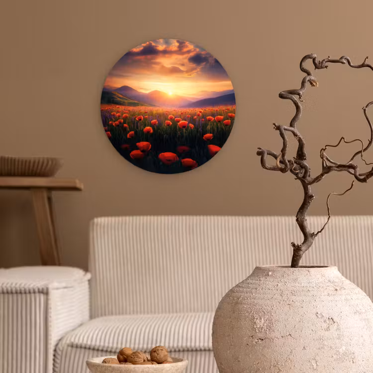 Landschap - Zonsondergang - Bloemenveld Wandcirkel kunststof plaat 5mm dik klein -sfeer1