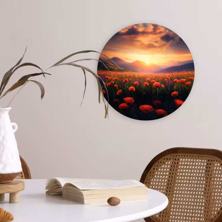 Landschap - Zonsondergang - Bloemenveld Wandcirkel kunststof plaat 5mm dik klein -sfeer4