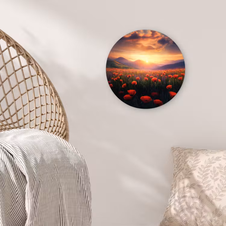 Landschap - Zonsondergang - Bloemenveld Wandcirkel kunststof plaat 5mm dik klein -sfeer5