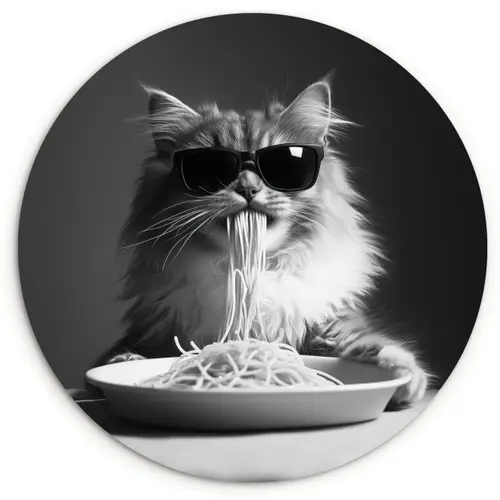 Langharige kat - Zonnebril - Spaghetti - Humor - Zwart - wit Wandcirkel kunststof plaat 5mm dik klein -3d