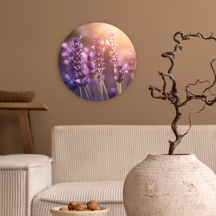 Lavendelbloemen - Paars - Zonlicht Wandcirkel kunststof plaat 5mm dik klein -sfeer1