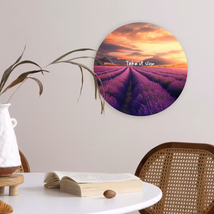 Lavendelveld - Quote - Zonsondergang Wandcirkel kunststof plaat 5mm dik klein -sfeer4