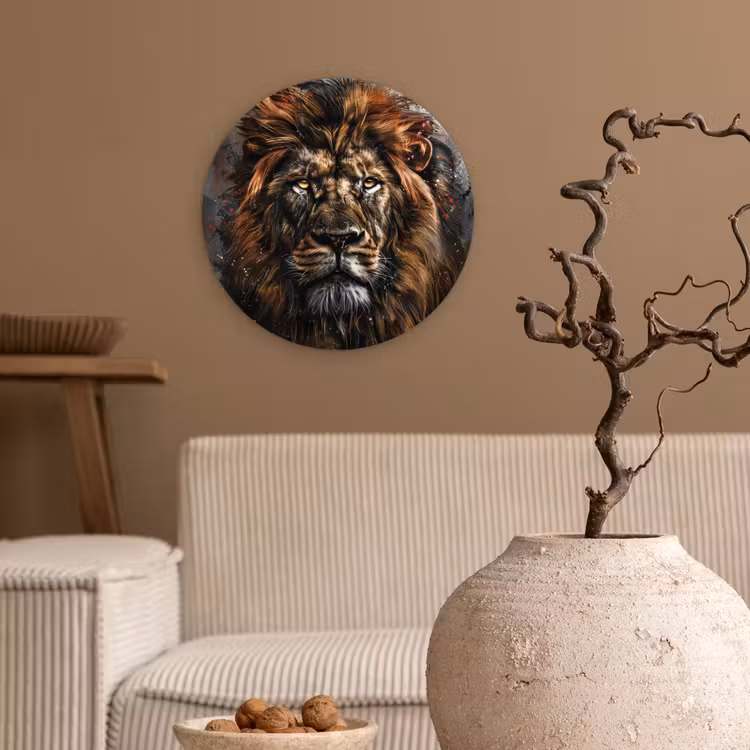 Leeuw - Dieren - Portret - Zwart - Luxe Wandcirkel kunststof plaat 5mm dik klein -sfeer1