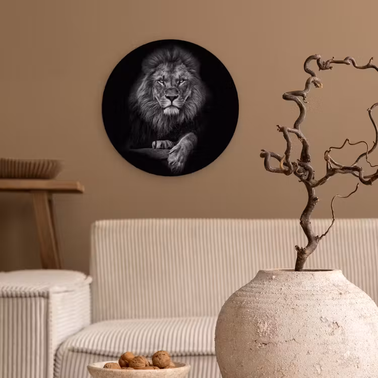 Leeuw - Dieren - Zwart - Wit Wandcirkel kunststof plaat 5mm dik klein -sfeer1