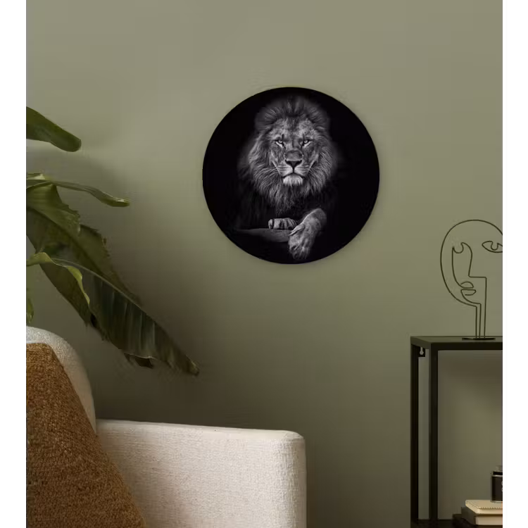 Leeuw - Dieren - Zwart - Wit Wandcirkel kunststof plaat 5mm dik klein -sfeer3