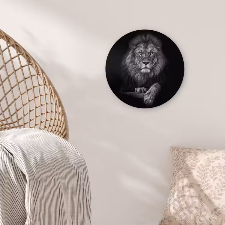 Leeuw - Dieren - Zwart - Wit Wandcirkel kunststof plaat 5mm dik klein -sfeer5