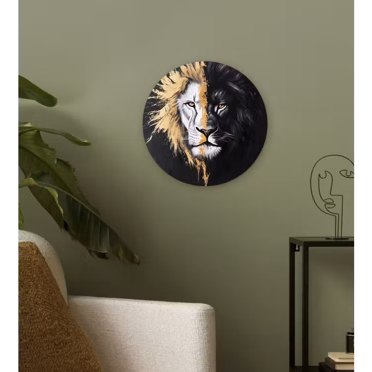 Leeuw - Gesplitst - Zwart - Lijn Wandcirkel kunststof plaat 5mm dik klein -sfeer3