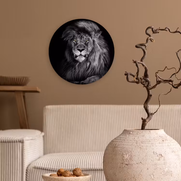 Leeuw - Ogen - Oranje - Zwart wit - Dieren - Portret Wandcirkel kunststof plaat 5mm dik klein -sfeer1