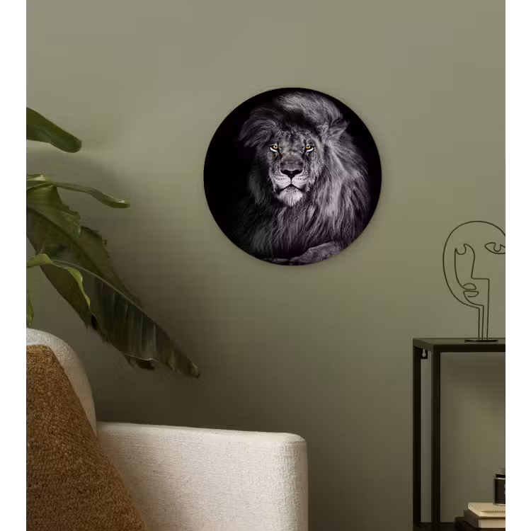 Leeuw - Ogen - Oranje - Zwart wit - Dieren - Portret Wandcirkel kunststof plaat 5mm dik klein -sfeer3