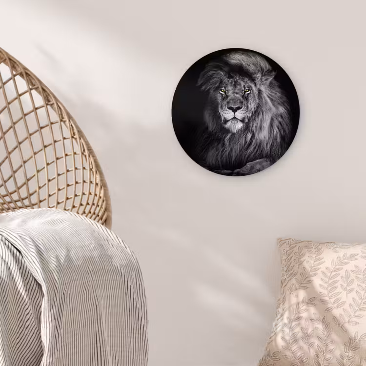 Leeuw - Ogen - Oranje - Zwart wit - Dieren - Portret Wandcirkel kunststof plaat 5mm dik klein -sfeer5