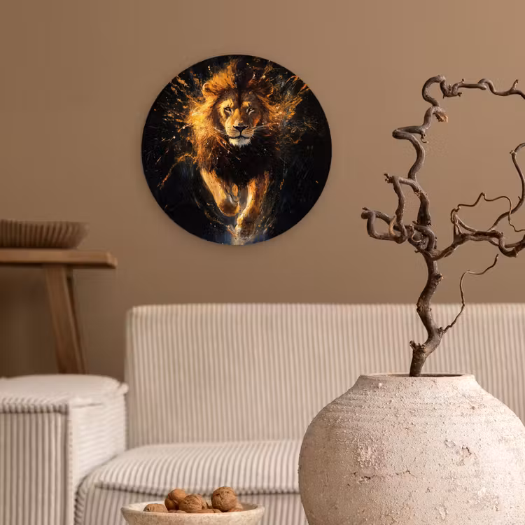 Leeuw - Zwart - Oranje - Verf Wandcirkel kunststof plaat 5mm dik klein -sfeer1