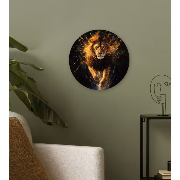 Leeuw - Zwart - Oranje - Verf Wandcirkel kunststof plaat 5mm dik klein -sfeer3