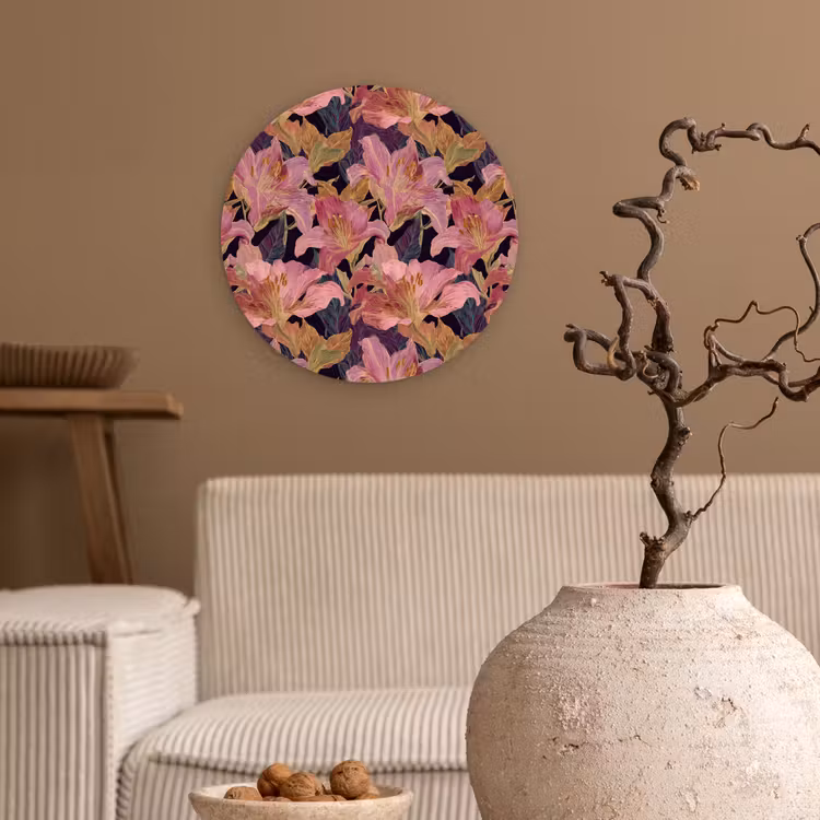 Lelies - Patroon - Roze - Goud Wandcirkel kunststof plaat 5mm dik klein 188 -sfeer1