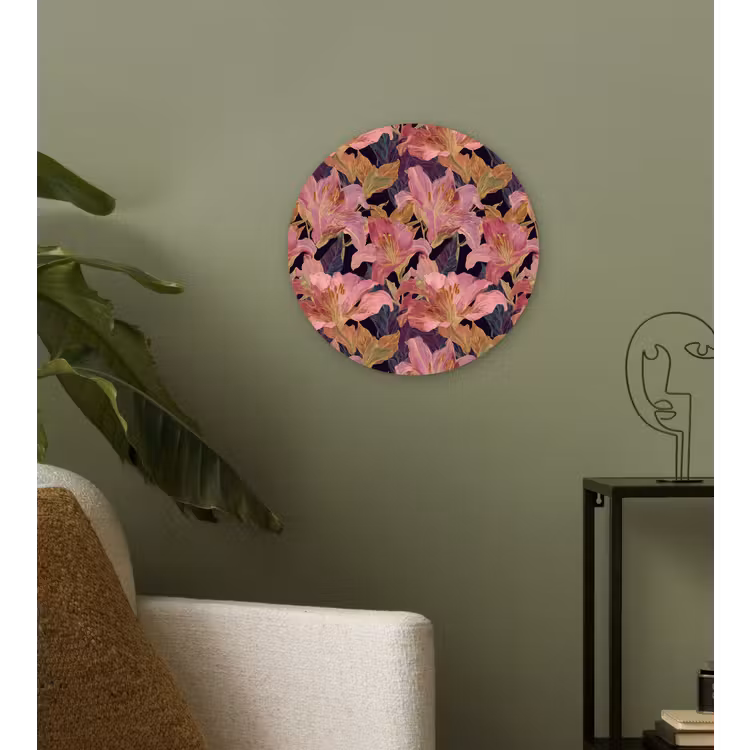 Lelies - Patroon - Roze - Goud Wandcirkel kunststof plaat 5mm dik klein 188 -sfeer3