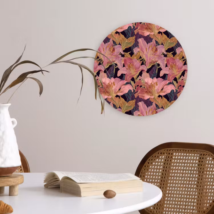 Lelies - Patroon - Roze - Goud Wandcirkel kunststof plaat 5mm dik klein 188 -sfeer4