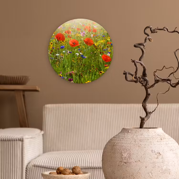 Lente - Bloemen - Rood - Klaproos - Gras - Groen Wandcirkel kunststof plaat 5mm dik klein -sfeer1