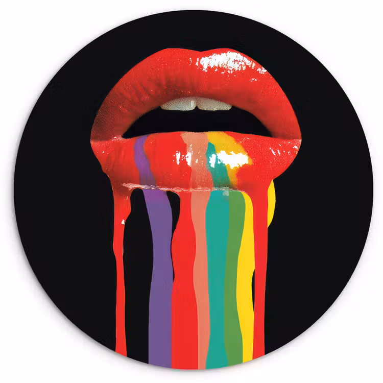 Lippen - Kleuren - Zwart Wandcirkel kunststof plaat 5mm dik klein -3d
