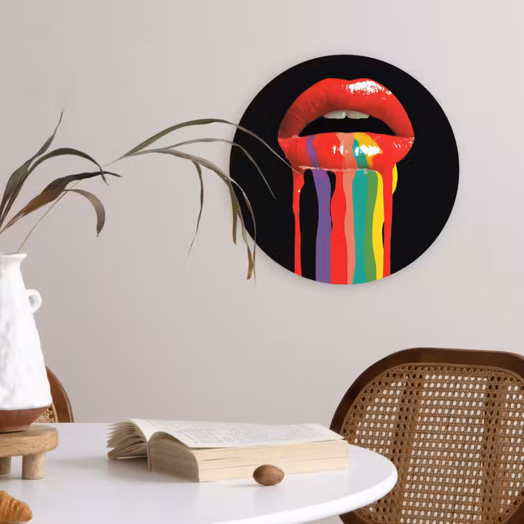 Lippen - Kleuren - Zwart Wandcirkel kunststof plaat 5mm dik klein -sfeer4