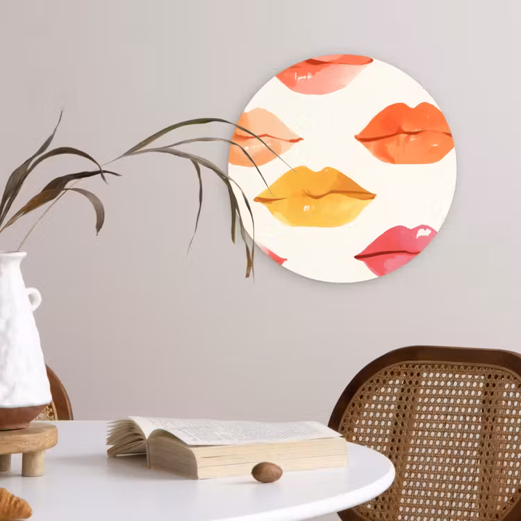 Lippen - Kleurrijk - Glanzend Wandcirkel kunststof plaat 5mm dik klein -sfeer4