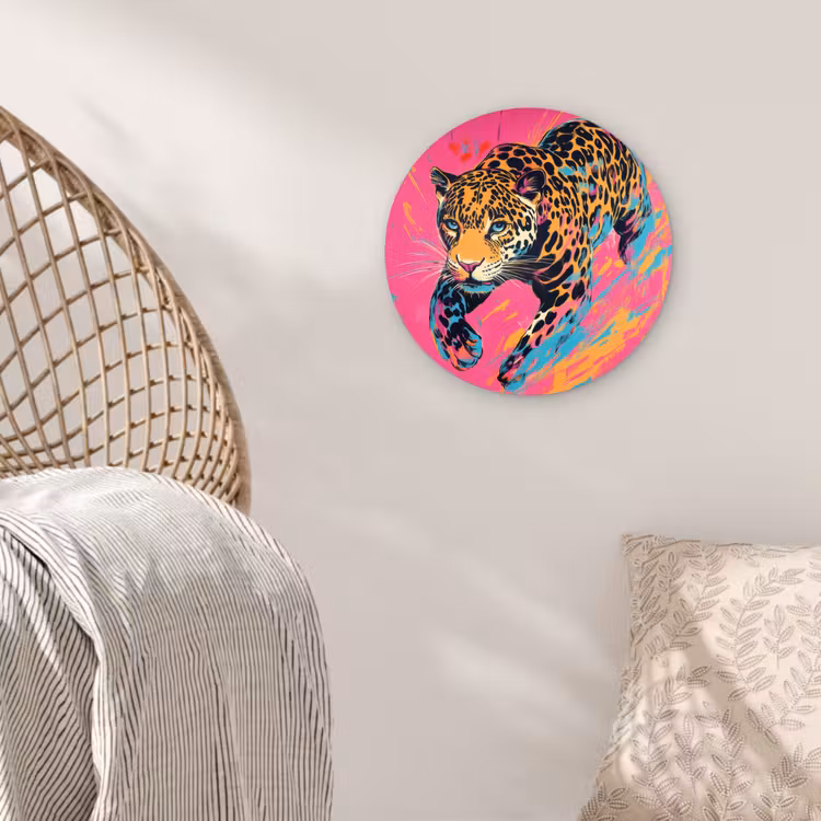 Luipaard - Roze - Oranje - Blauw - Verf Wandcirkel kunststof plaat 5mm dik klein -sfeer5