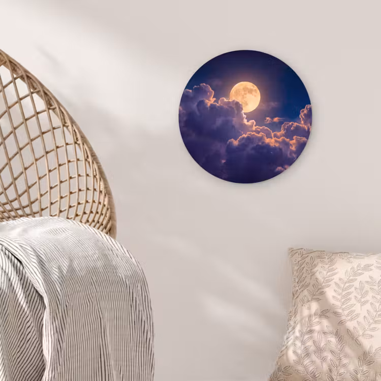 Maan - Wolken - Nacht - Oranje Wandcirkel kunststof plaat 5mm dik klein -sfeer5