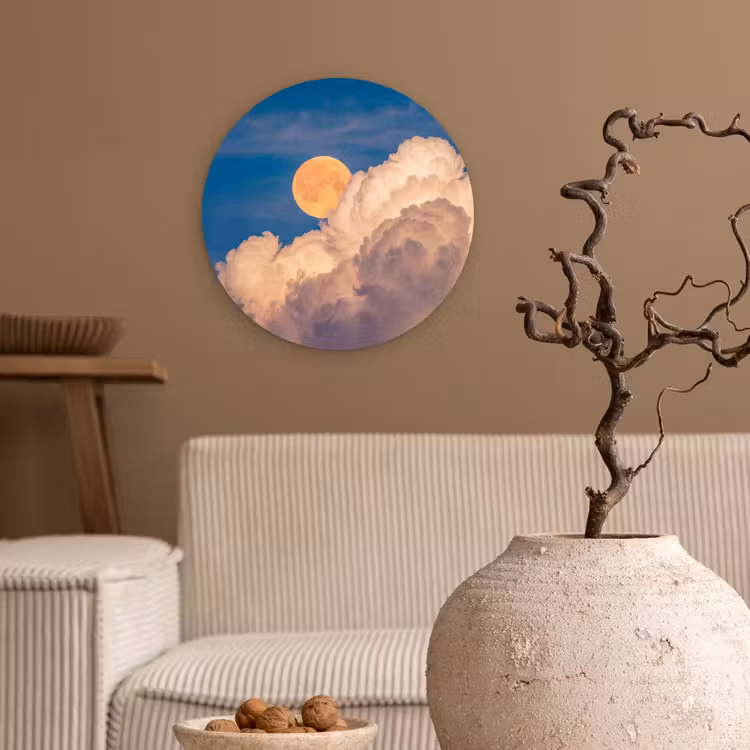 Maan - Wolken - Natuur - Oranje Wandcirkel kunststof plaat 5mm dik klein -sfeer1