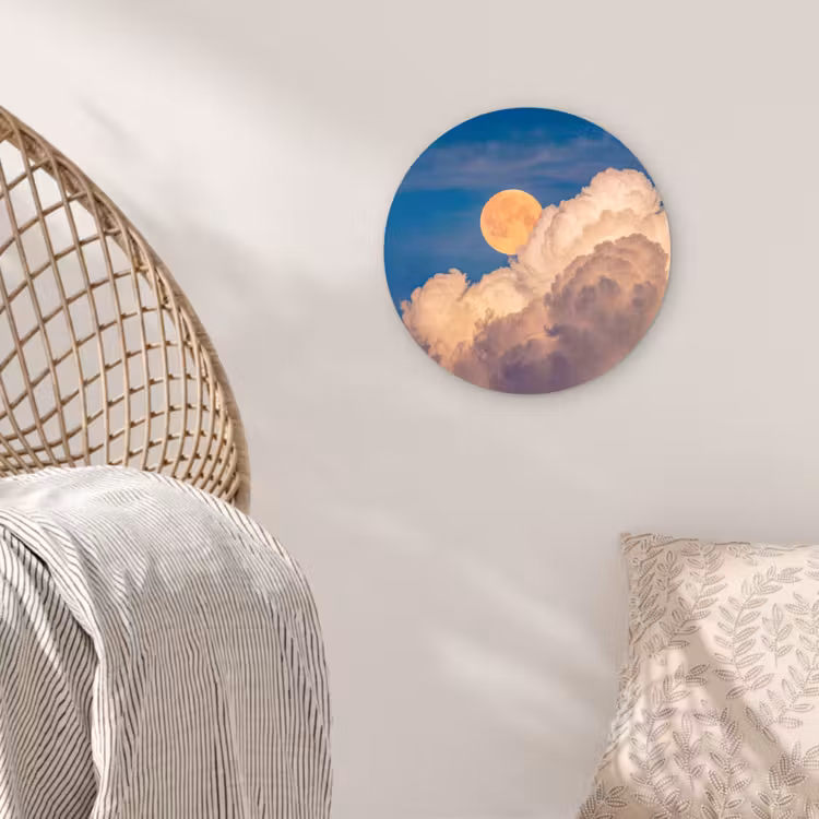 Maan - Wolken - Natuur - Oranje Wandcirkel kunststof plaat 5mm dik klein -sfeer5