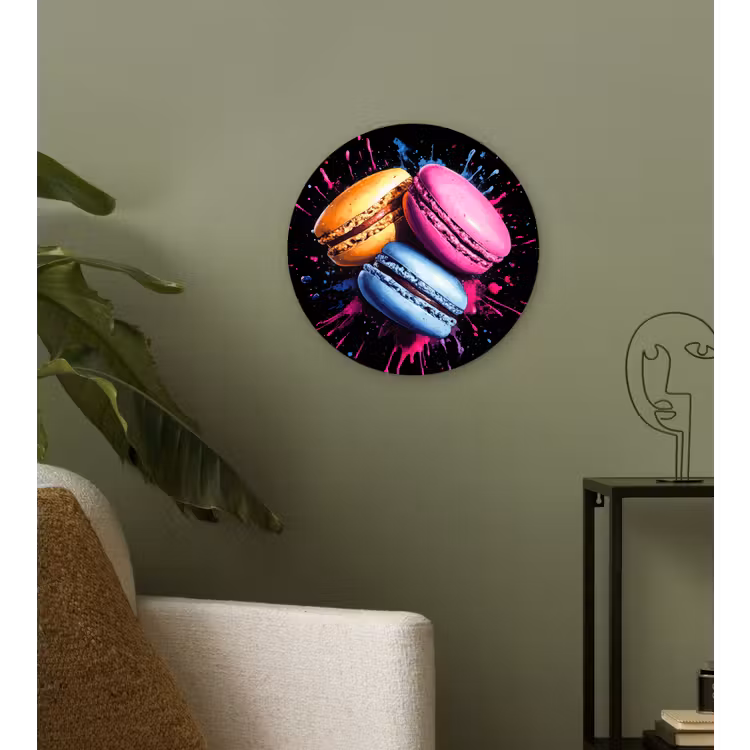 Macarons - Dessert - Graffiti - Kleurrijk - Roze - Blauw - Geel Wandcirkel kunststof plaat 5mm dik klein -sfeer3