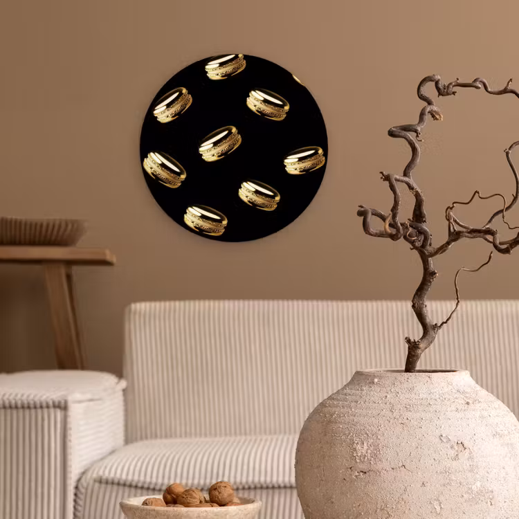 Macarons - Patroon - Goud - Zwart Wandcirkel kunststof plaat 5mm dik klein -sfeer1