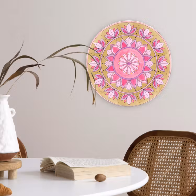 Mandala - Patroon - Kunst - Aquarel - Roze Wandcirkel kunststof plaat 5mm dik klein -sfeer4