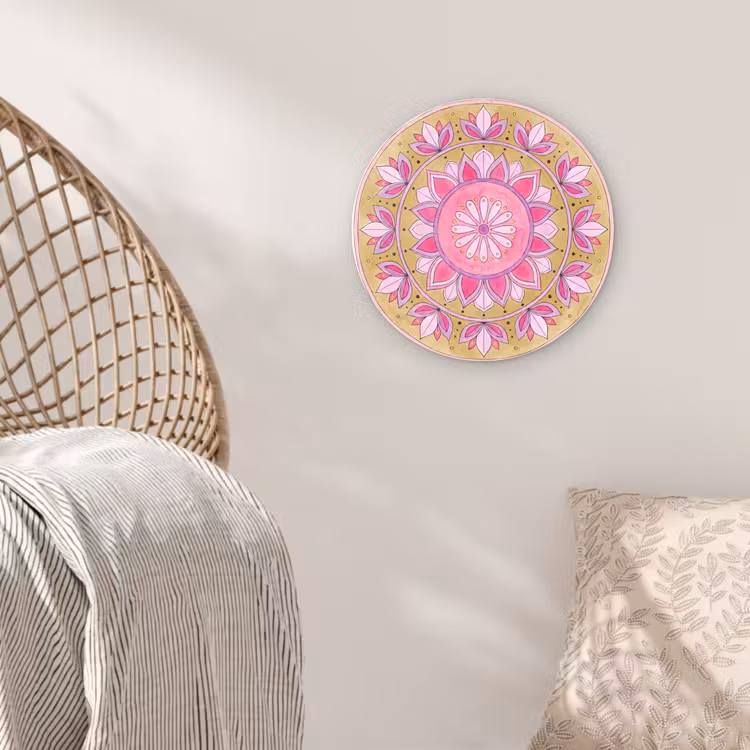 Mandala - Patroon - Kunst - Aquarel - Roze Wandcirkel kunststof plaat 5mm dik klein -sfeer5