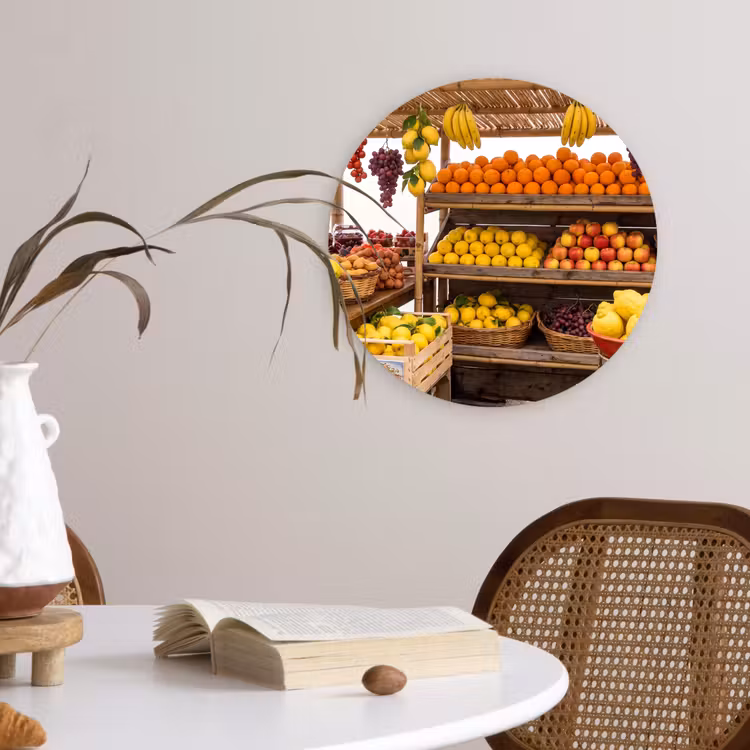 Muurcirkel - Marktkraam - Fruit - Vers - Marktkraam - Fruit - Vers Wandcirkel kunststof plaat 5mm dik klein