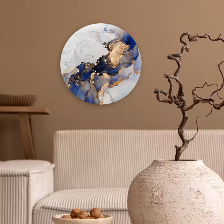 Marmer - Blauw - Goud Wandcirkel kunststof plaat 5mm dik klein -sfeer1