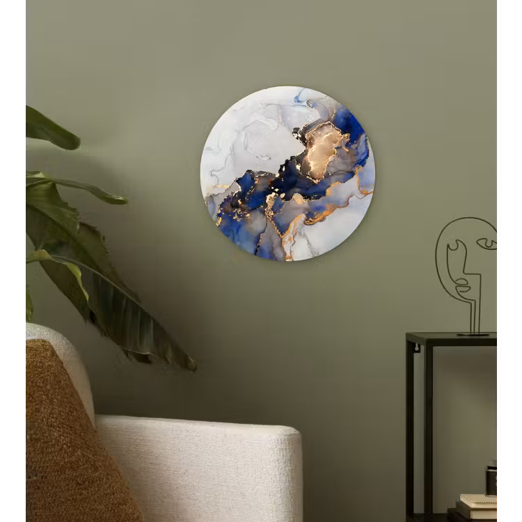 Marmer - Blauw - Goud Wandcirkel kunststof plaat 5mm dik klein -sfeer3