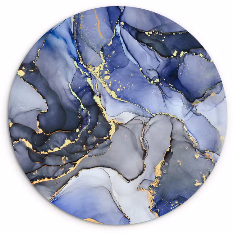 Marmer - Goud - Abstract - Blauw Wandcirkel kunststof plaat 5mm dik klein -3d